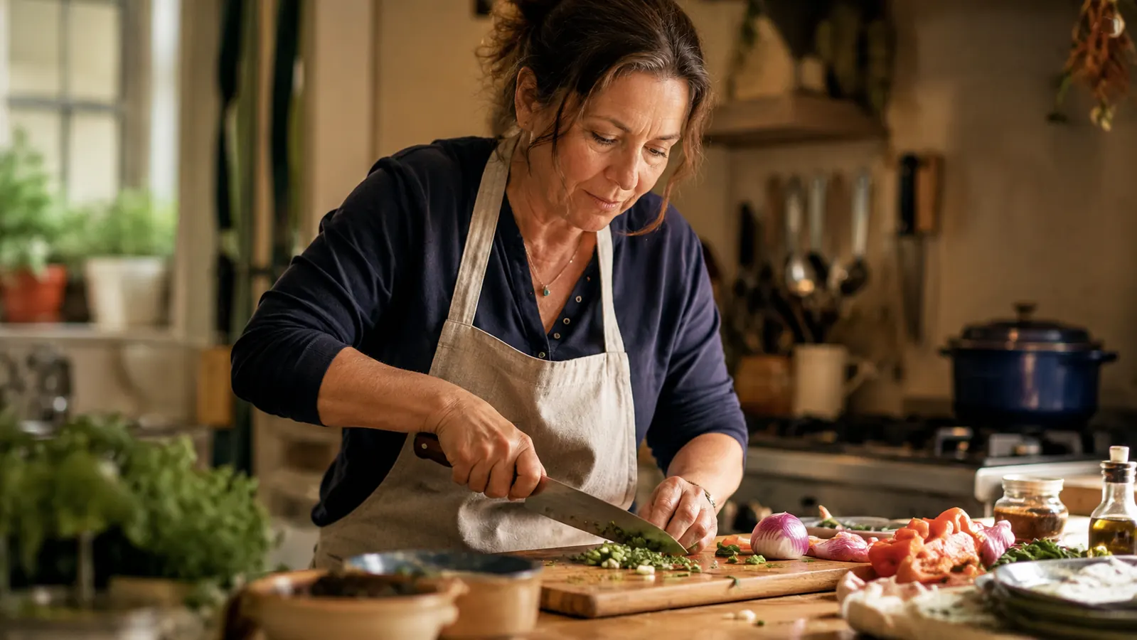 Home cook confidently dicing vegetables quickly on a cutting board for a weeknight dinner