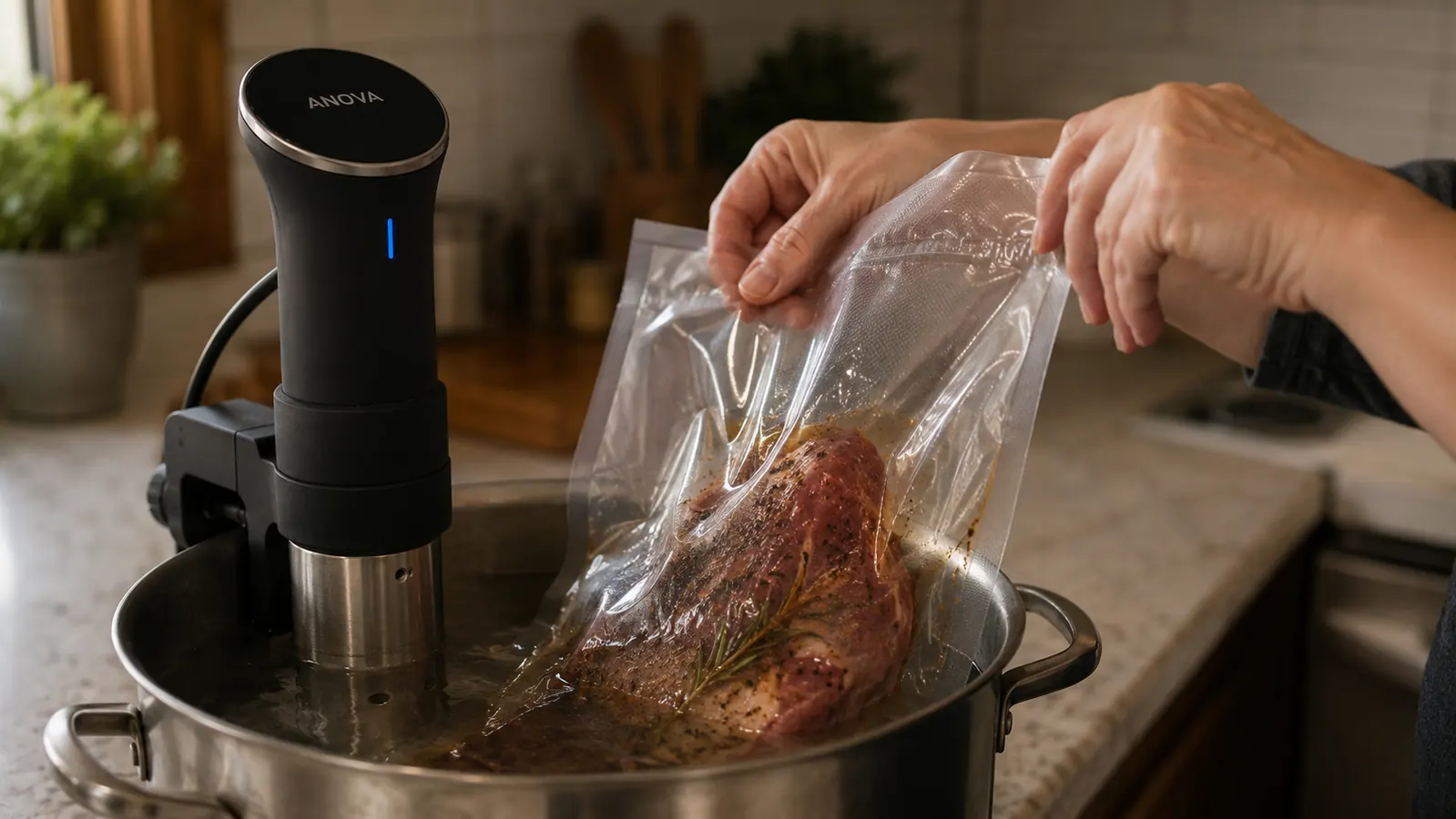 Hand lowering a vacuum-sealed bag of chicken thighs into a water bath with the Anova circulator running