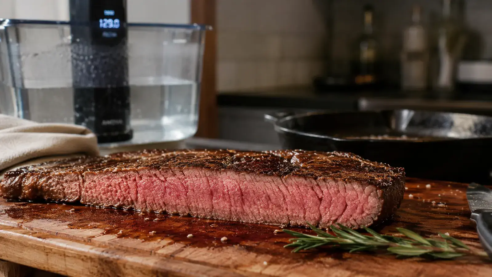 Finished seared steak resting on a cutting board next to the Anova circulator still clipped to its pot