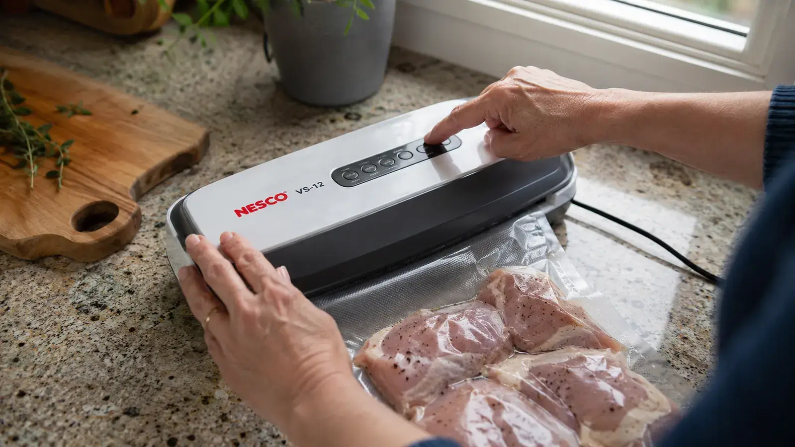 Hand using the Nesco vacuum sealer to seal a bag of chicken thighs on a kitchen counter