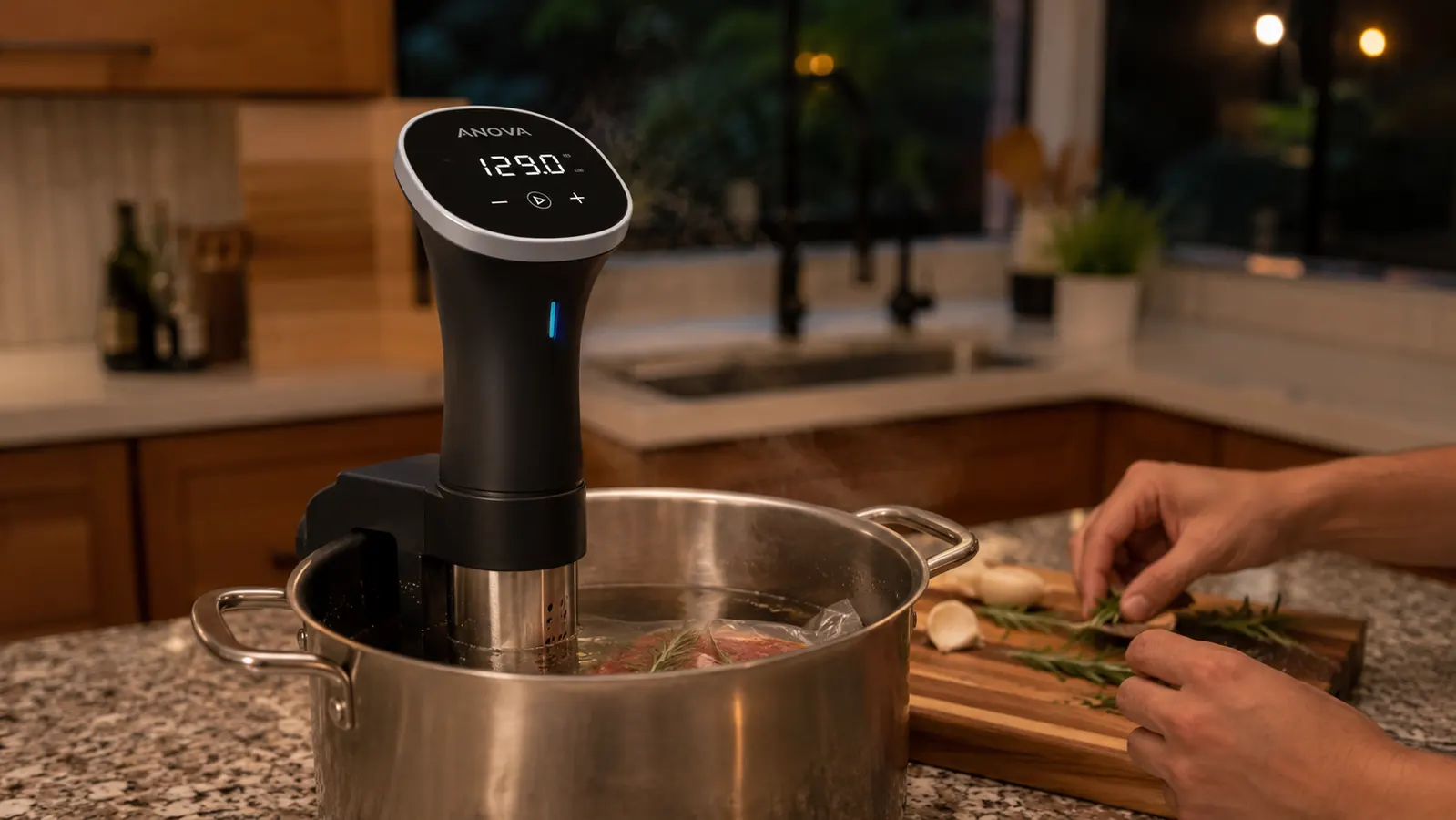 Anova sous vide precision cooker clamped to the side of a stockpot on a kitchen counter, water gently steaming