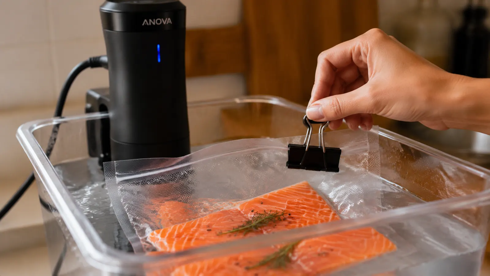 Hand using a binder clip to weigh down a floating vacuum-sealed bag of salmon in the water bath