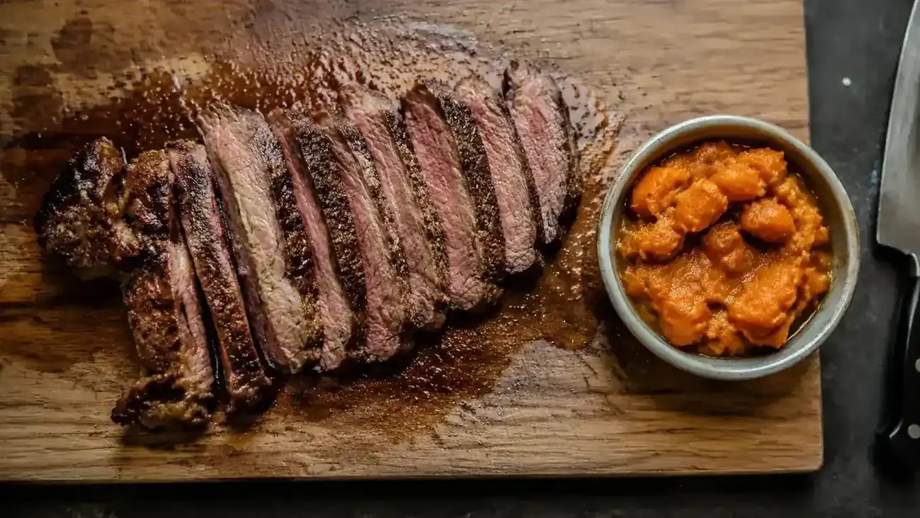 Overcooked sous vide vegetables next to a properly rested piece of meat on a cutting board
