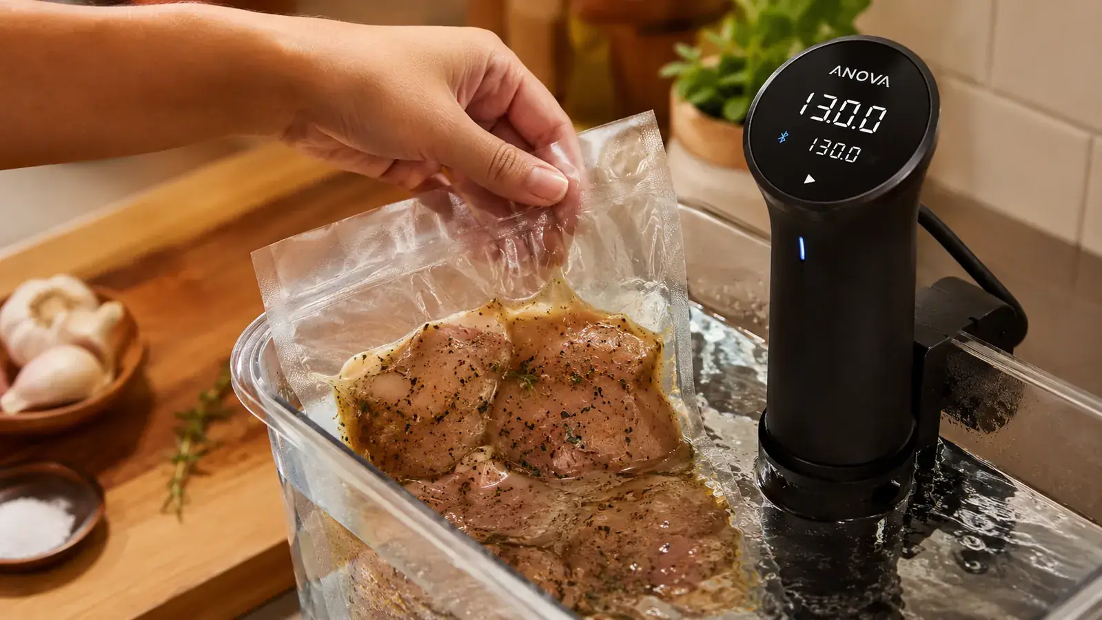 Hand lowering a vacuum-sealed bag of seasoned chicken thighs into a water bath with the Anova circulator running