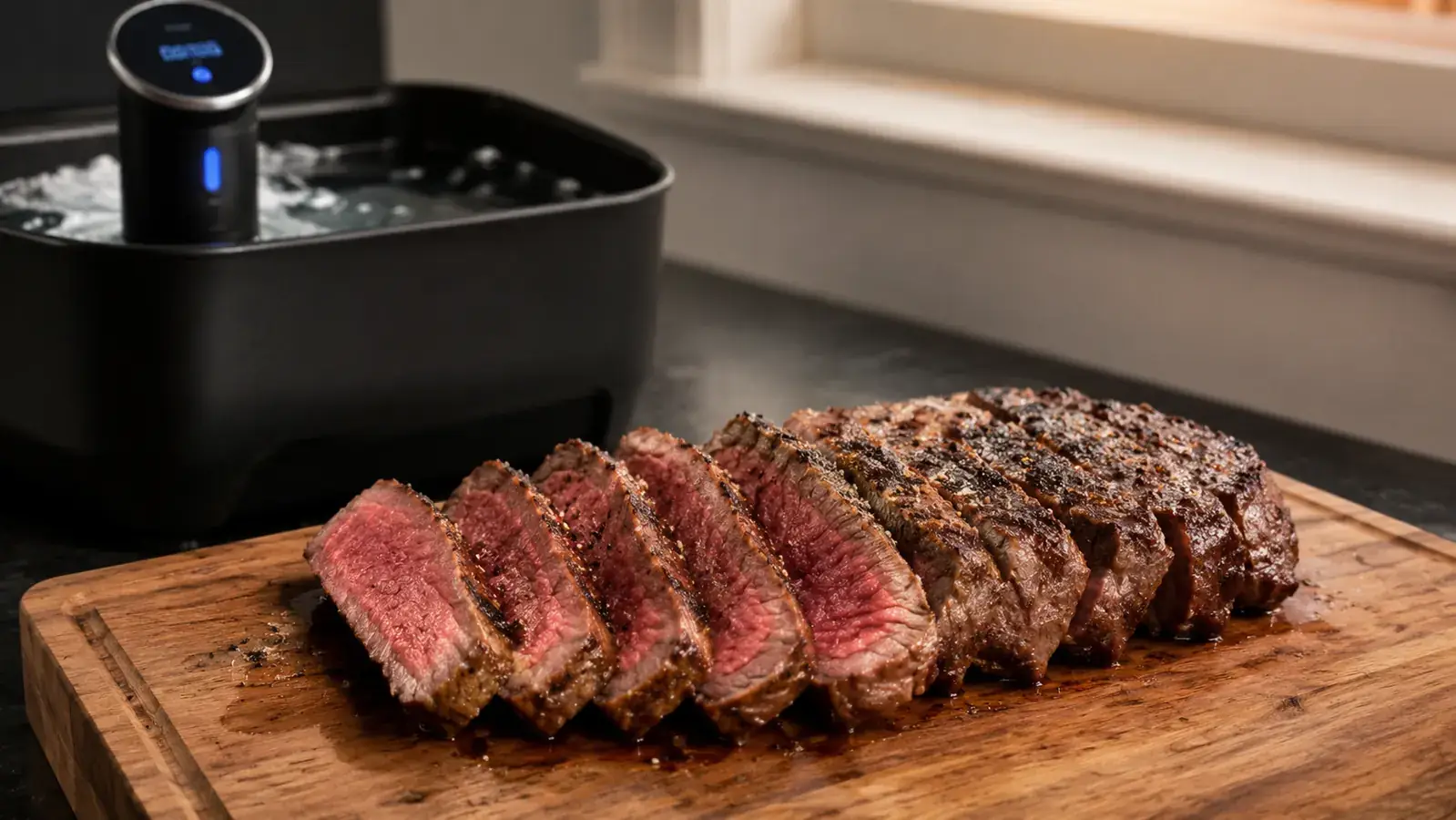 Plated medium-rare steak with a dark seared crust next to a sous vide bath still running on the counter