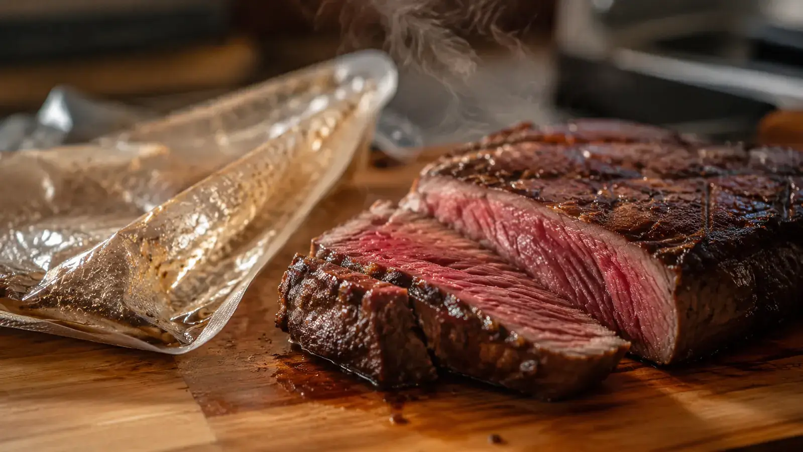Close-up of a perfectly cooked medium-rare steak resting on a cutting board next to a sous vide bag