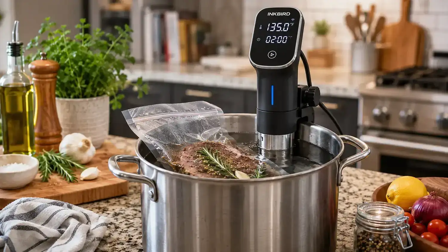 An Inkbird sous vide circulator sitting in a stockpot on a neighbor's counter with its display slightly dimmer
