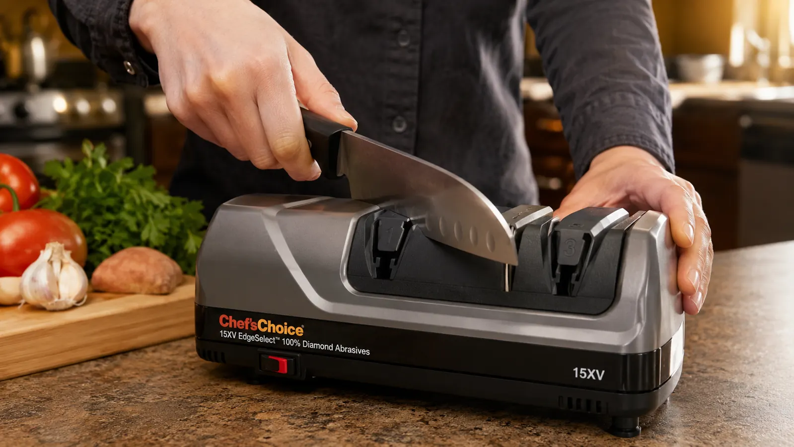 A hand guiding a chef's knife through the diamond abrasive slot of the Chef'sChoice 15XV sharpener on a kitchen counter