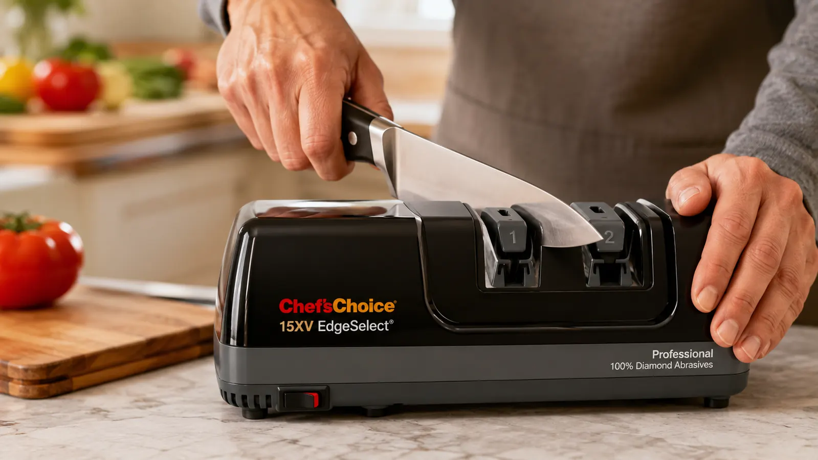 A hand drawing a chef's knife through the diamond abrasive slot of the Chef'sChoice 15XV at a fixed angle