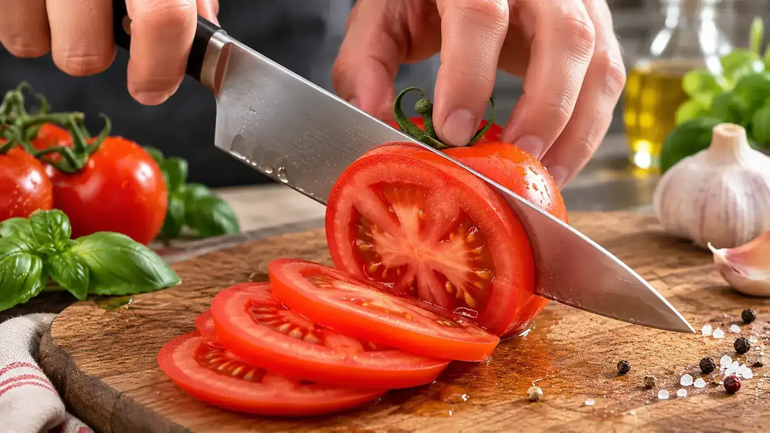 Freshly sharpened chef's knife slicing cleanly through a ripe tomato on a wooden cutting board