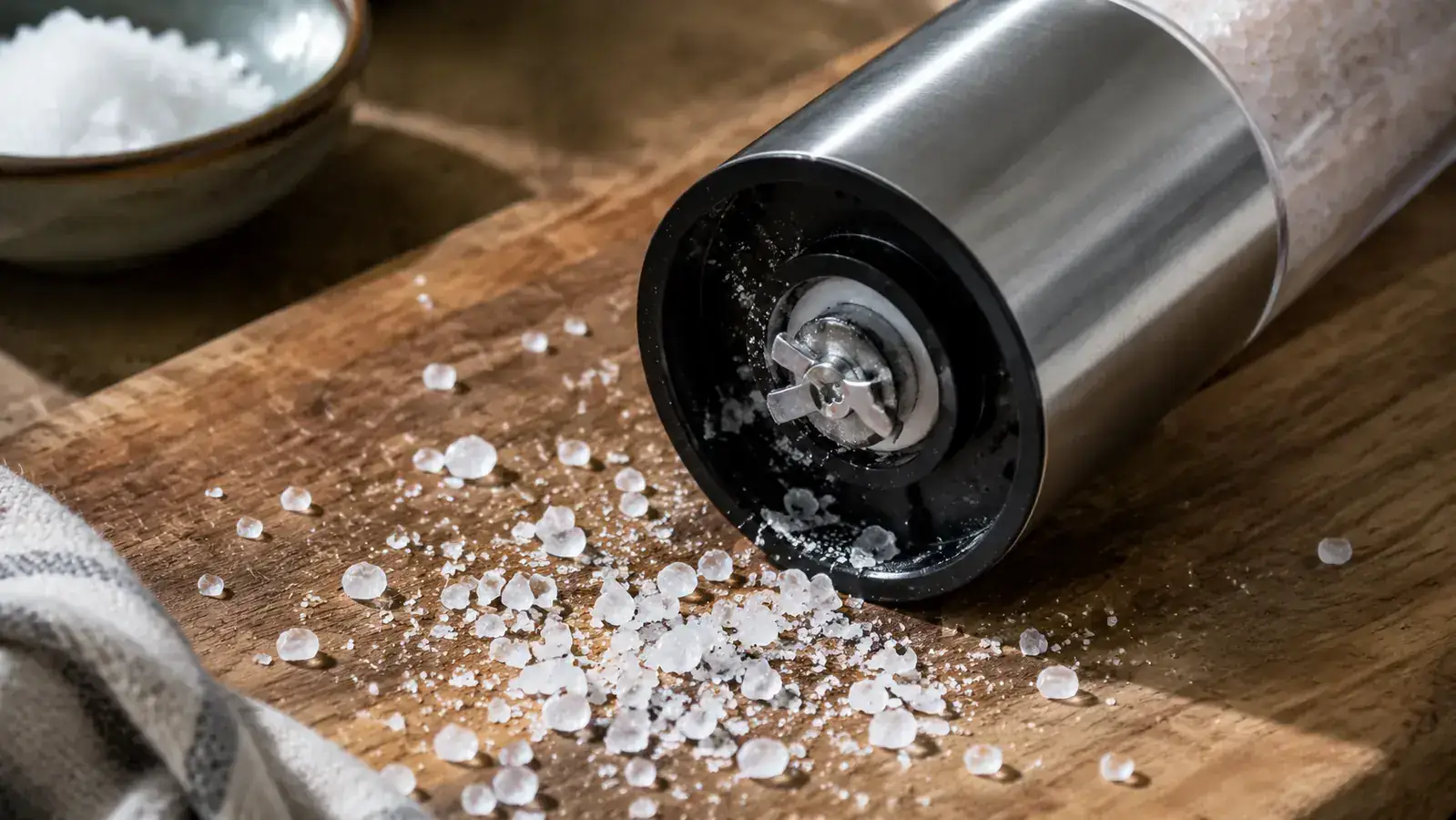 Coarse sea salt crystals scattered around the base of the Circle Joy salt grinder where a clog forced a manual shake loose