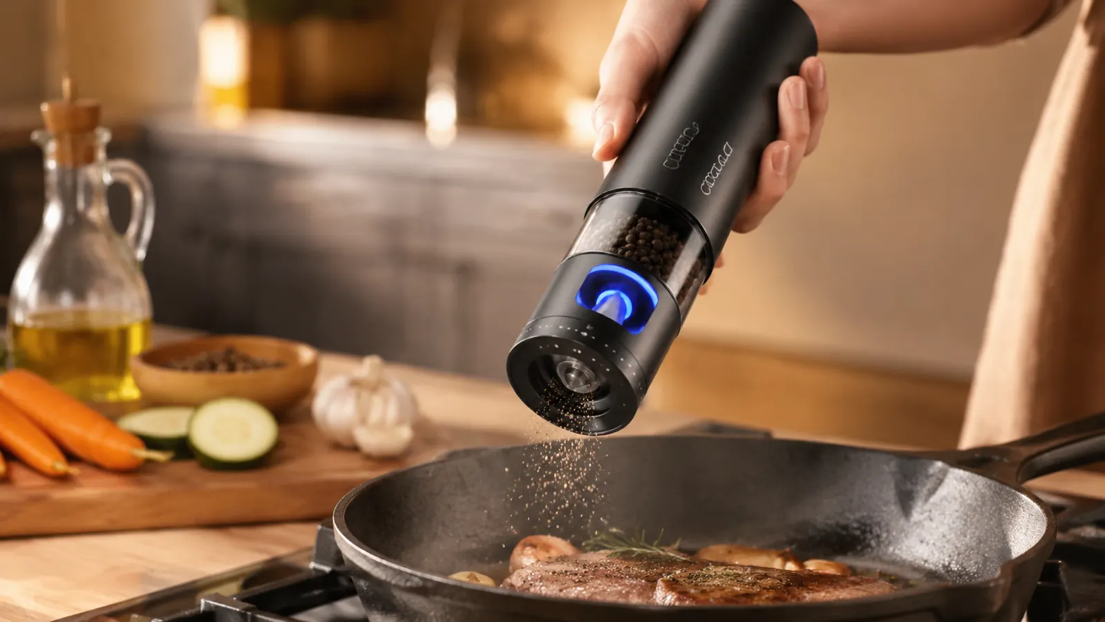 Hand tilting the Circle Joy pepper grinder sideways over a simmering pan to release cracked pepper hands-free