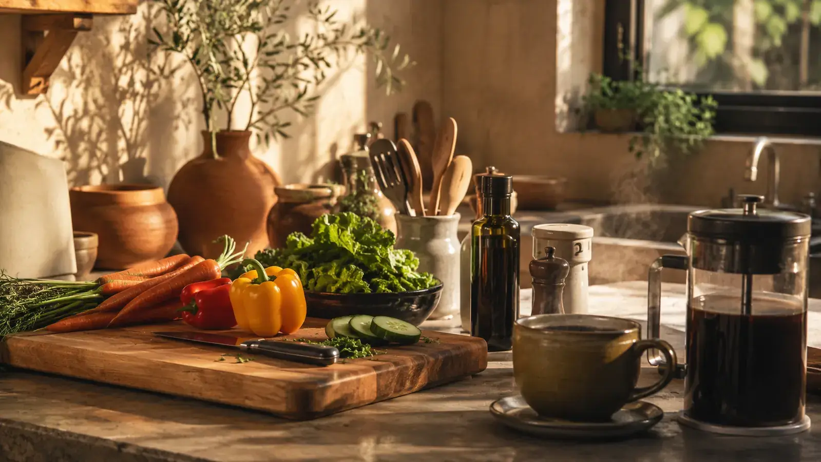 A bright home kitchen counter with fresh produce, a cutting board, and well-used kitchen gadgets in warm natural light