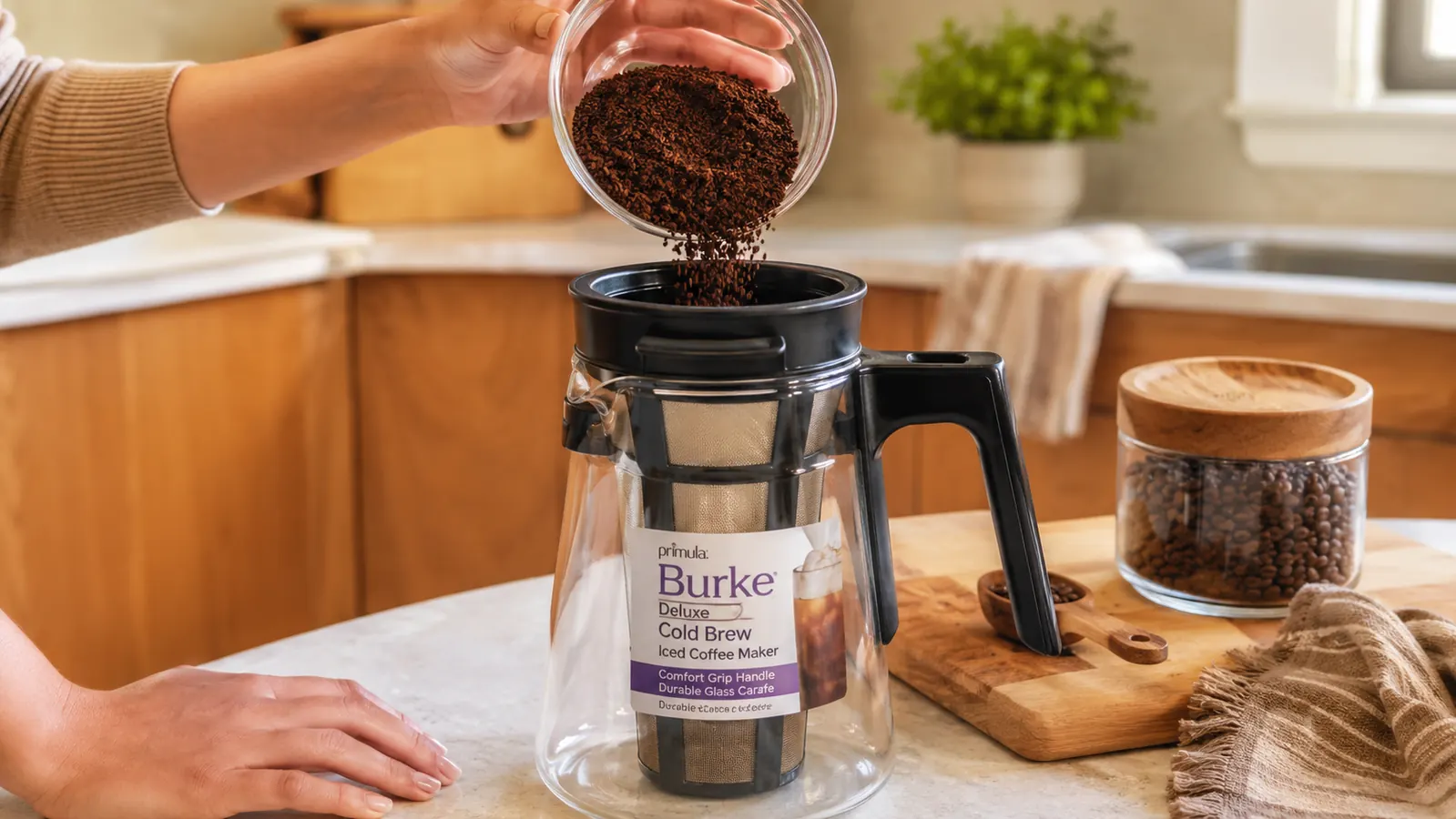 Hand pouring coarsely ground coffee into the Primula cold brew maker's mesh filter basket