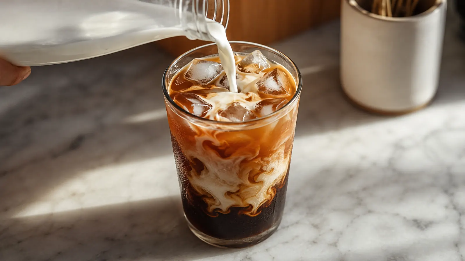 Overhead shot of a glass of iced cold brew with milk being poured in, condensation on the glass, morning kitchen light