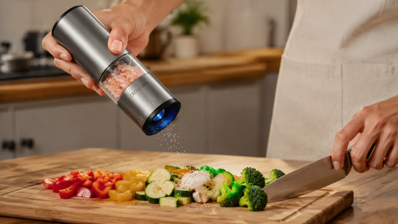 Hand tilting the Circle Joy salt grinder one-handed over a cutting board of seasoned vegetables while the other hand holds a knife