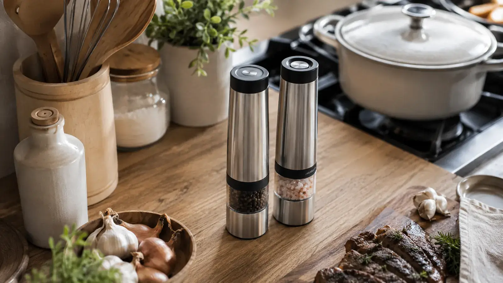 Both Circle Joy grinders standing on a kitchen counter near the stove, positioned within easy reach during cooking