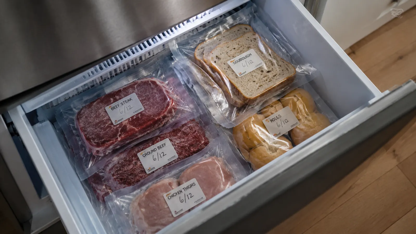 Labeled vacuum-sealed bags of meat and bread stacked flat in a freezer drawer