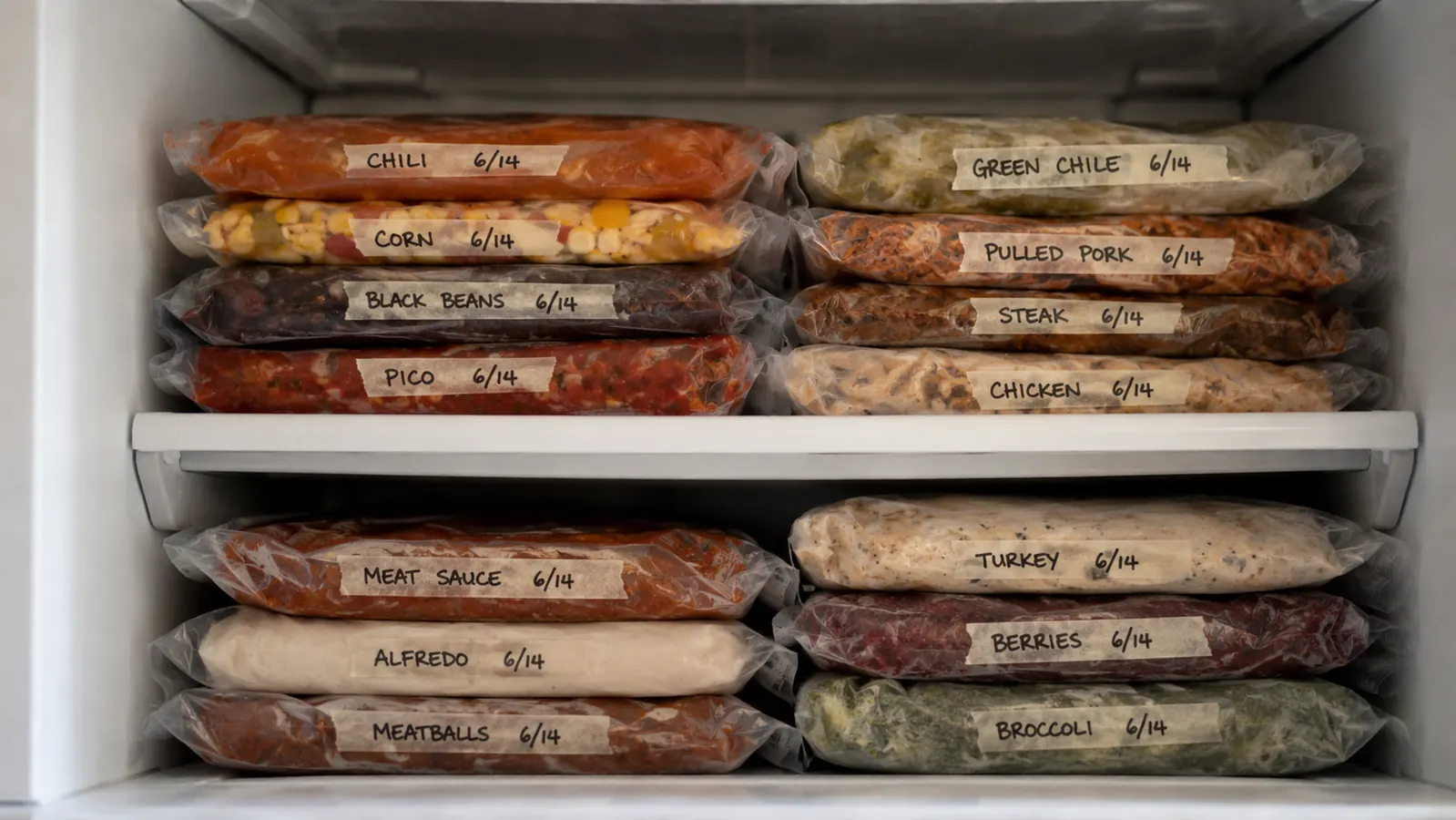 Neatly stacked vacuum-sealed bags of chicken, chili, and banana bread in a organized freezer