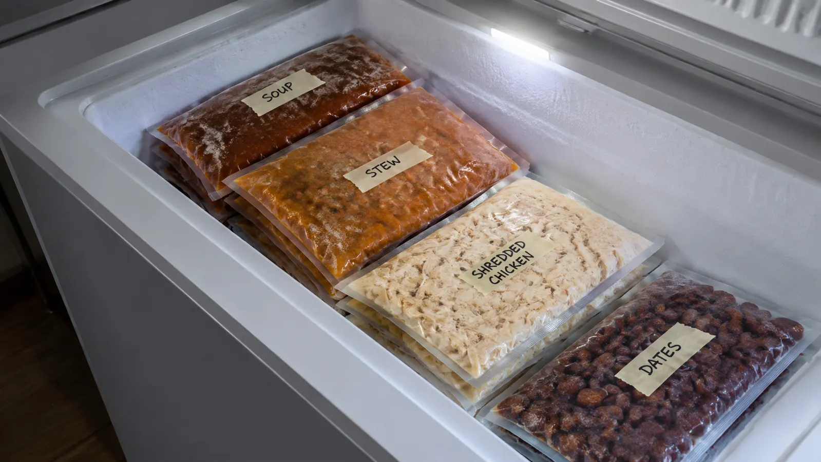 Stack of vacuum-sealed labeled freezer bags of soup, stew, and shredded chicken in a chest freezer