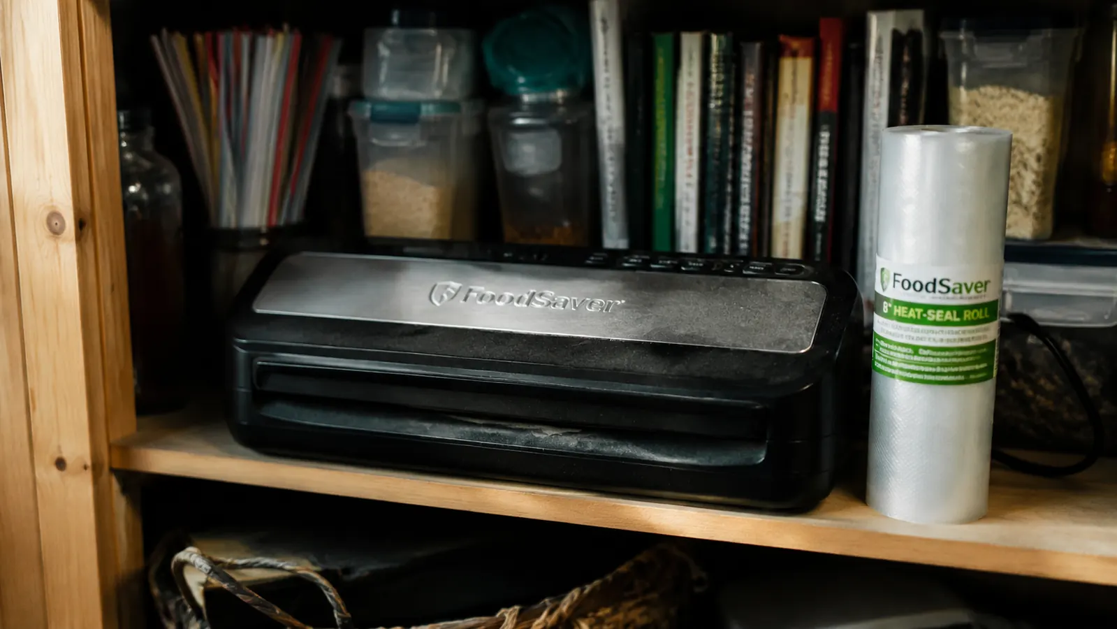 A FoodSaver vacuum sealer on a pantry shelf next to a roll of proprietary bags