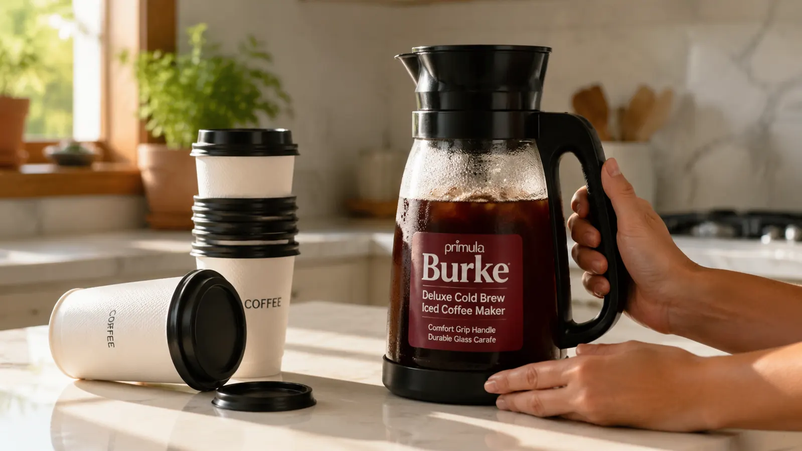Primula cold brew glass carafe sitting on a kitchen counter next to a stack of coffee shop cups