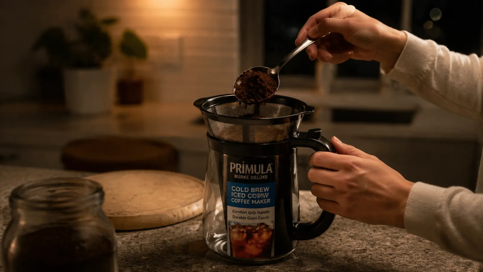 Hand filling the Primula cold brew filter with coarse ground coffee before bed