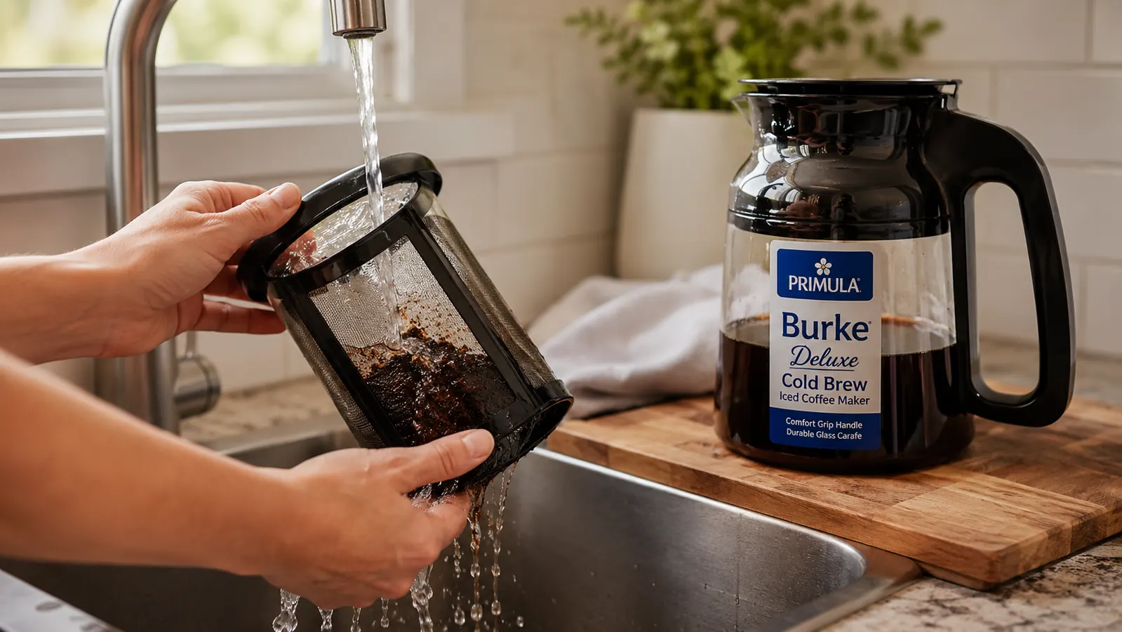 Hand rinsing the mesh filter basket from the Primula cold brew maker under the kitchen faucet